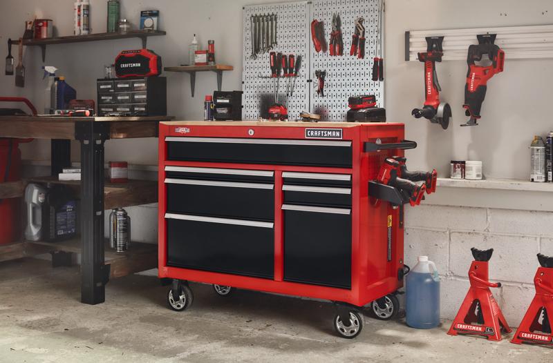 41 inch 7 drawer workstation with tools in workshop.