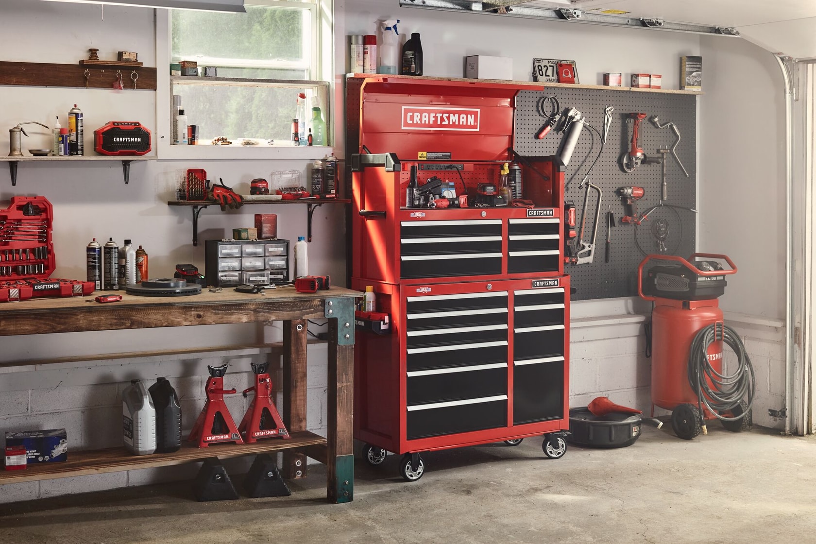 41 inch 10 drawer rolling tool cabinet with tool chest placed on top in workshop.