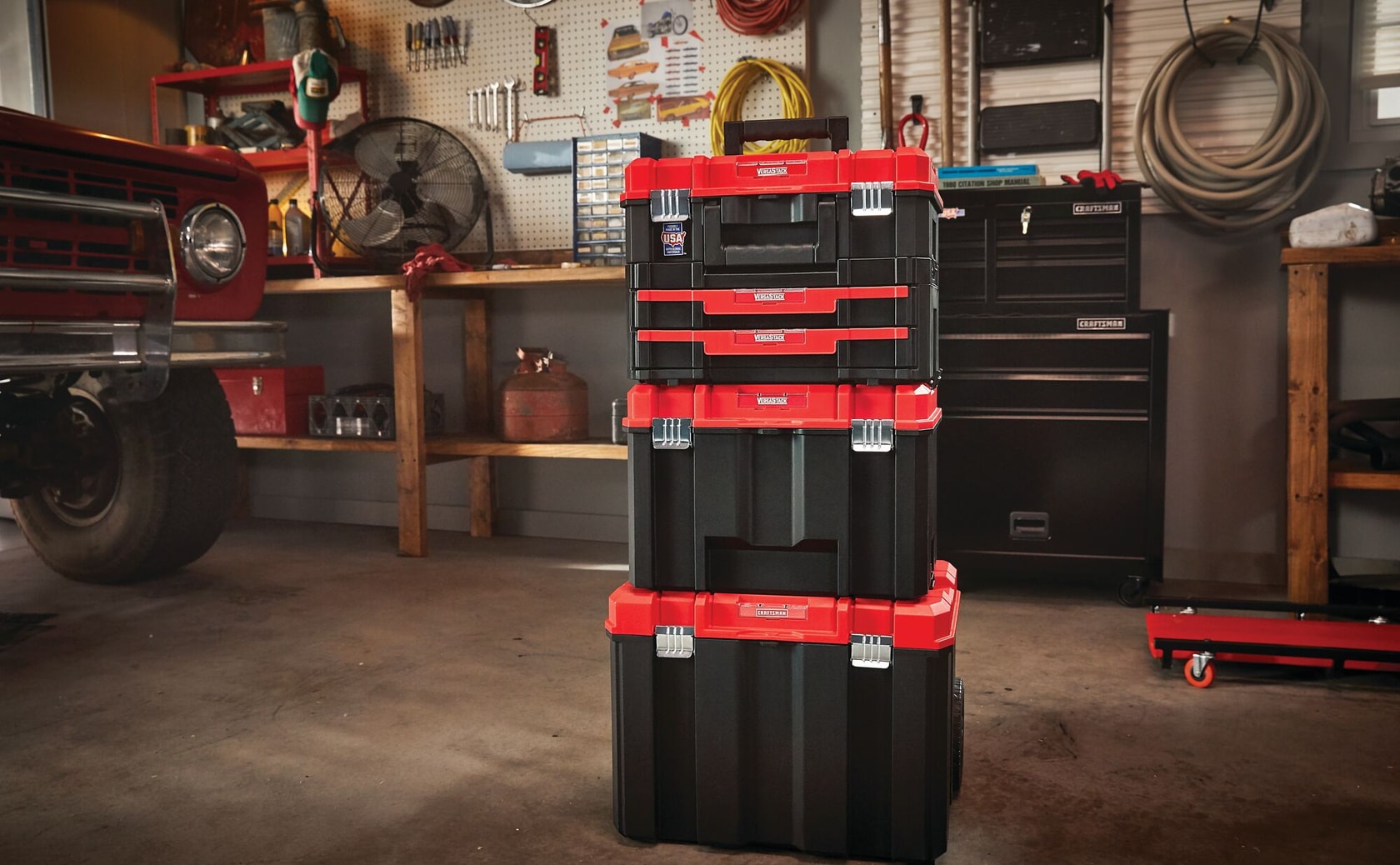 Versastack double shallow drawers stacked on top of each other in a room.