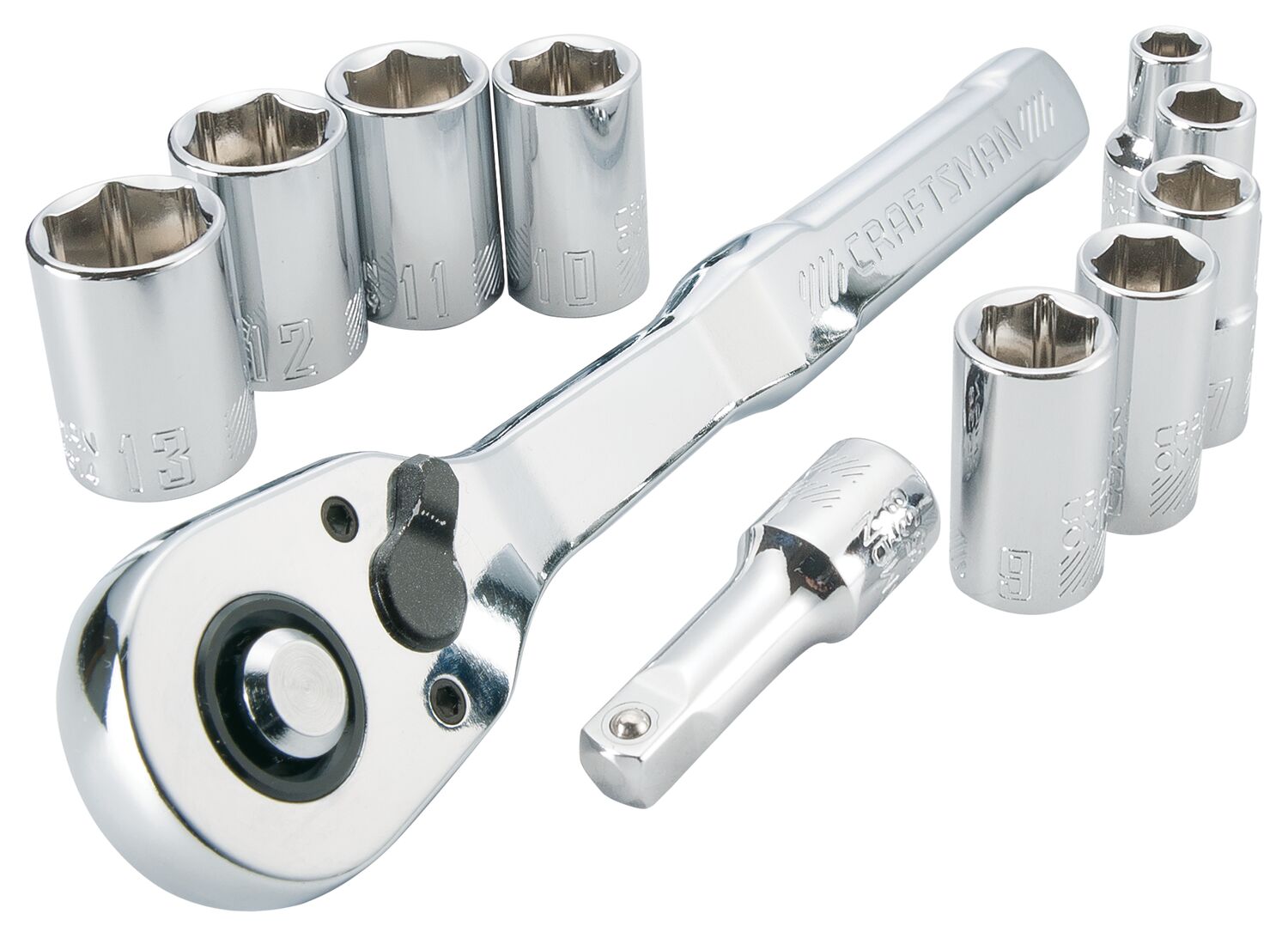 CRAFTSMAN 11 Piece 1/4 inch Metric Mechanics Tool Set Laid Out on White Background