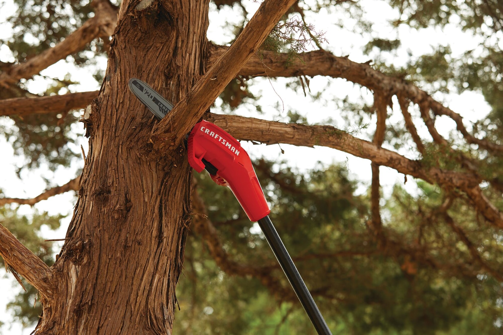 Up to 14 foot reach feature of cordless pole chainsaw kit 4 amp hour.