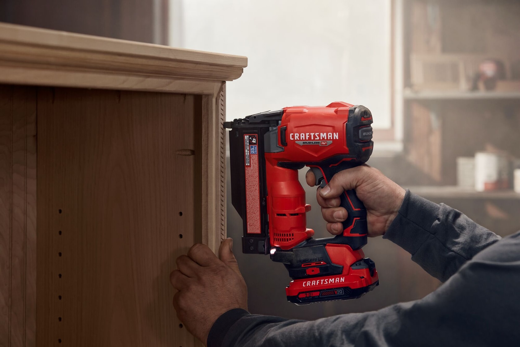 CRAFTSMAN V20 BRUSHLESS RP 23 guage pin nailer in use - battery sold separately