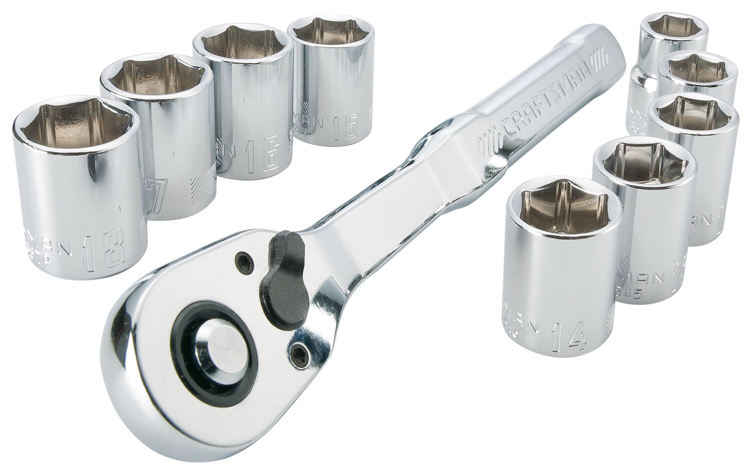 CRAFTSMAN 10 Piece 3/8 inch Metric Mechanics Tool Set Laid Out on White Background